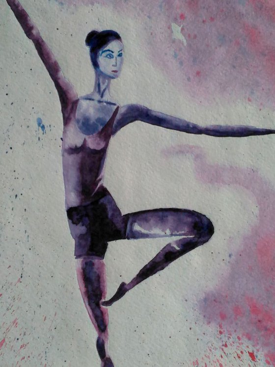 dancer original purple monochrome watercolor paintig " Dancing soul"