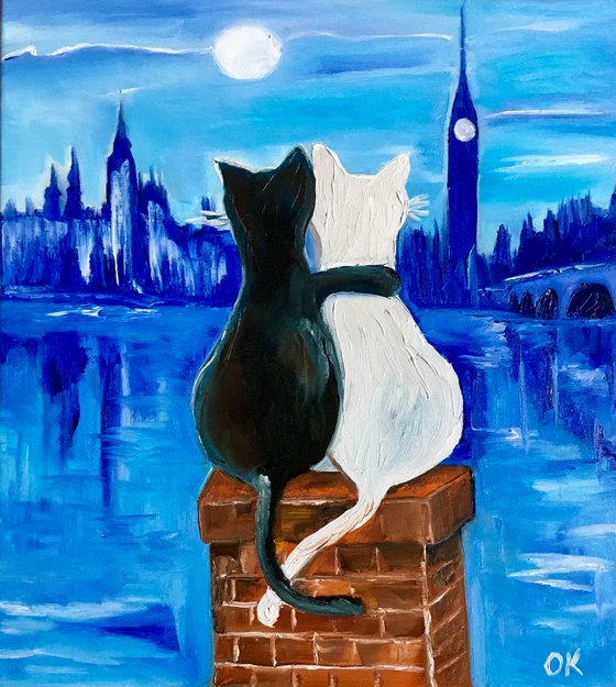 Cats in London. Mystic  night in London, Parliament.