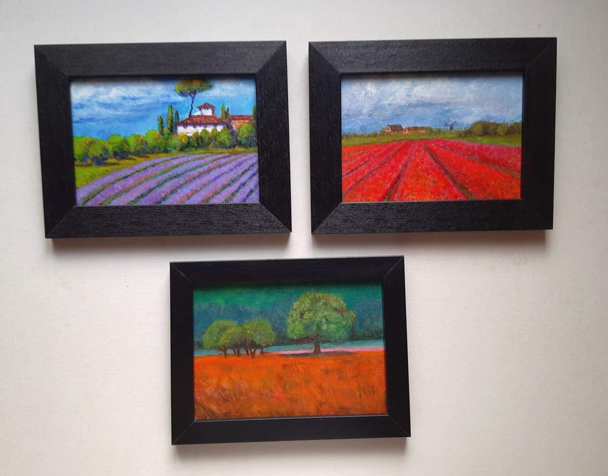 Impressionistic Landscape Acrylic Painting By Asha Shenoy, 9 X 7, Set Of Three European Countryside, Original Artwork