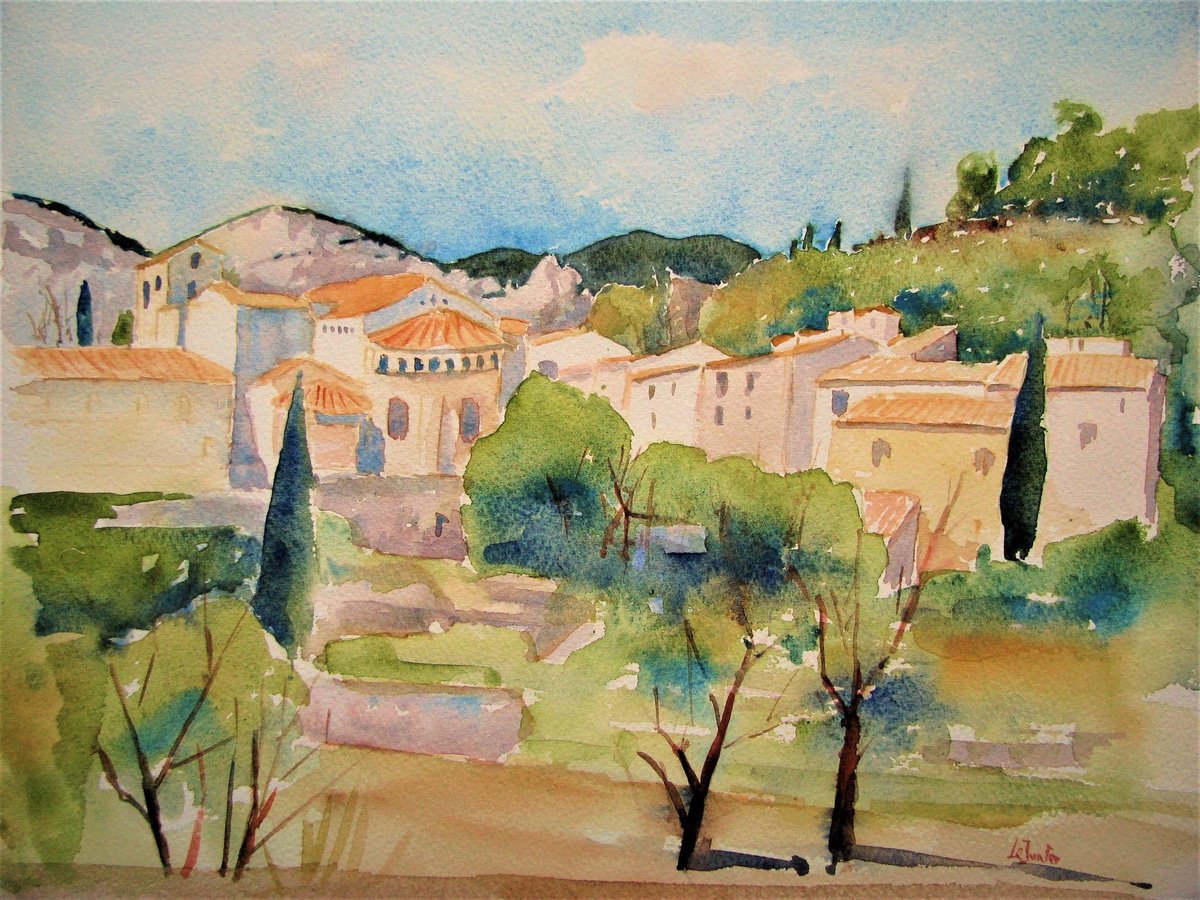 Impressionistic Cityscapes Watercolour By Jean-Noel Le Junter, 21 X 17, Village In The South Of France, Original Artwork
