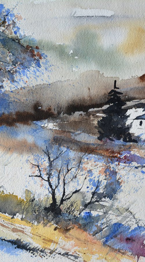 Village in winter watercolor by Pol Henry Ledent