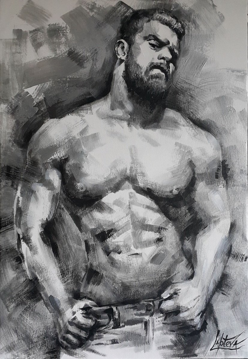 Expressive Portrait Acrylic Painting By Viktoria Lapteva, 22 X 31", Steely Determination, Original Artwork