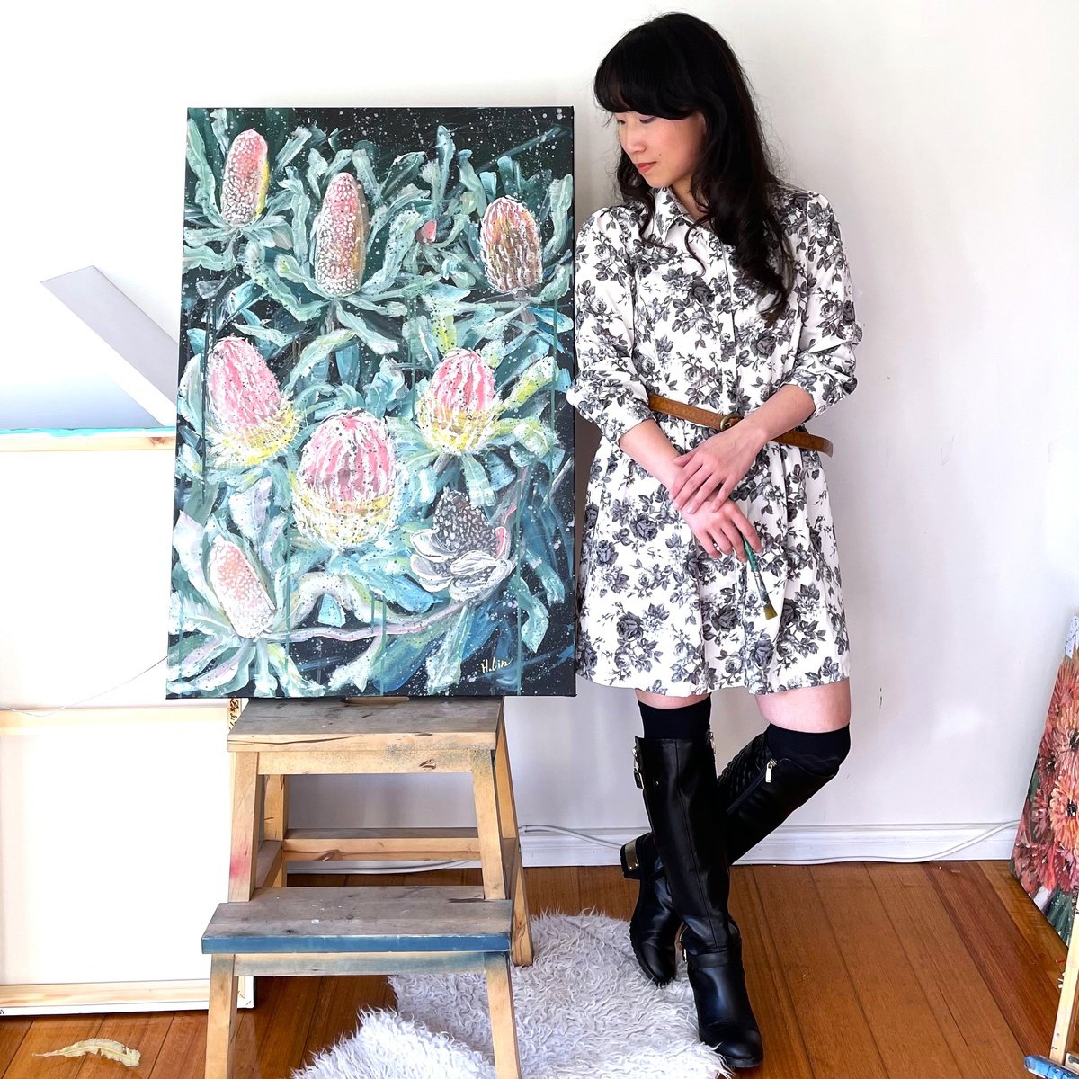 Expressive Botanical Acrylic Painting By Hsin Lin, 24 X 36, Let