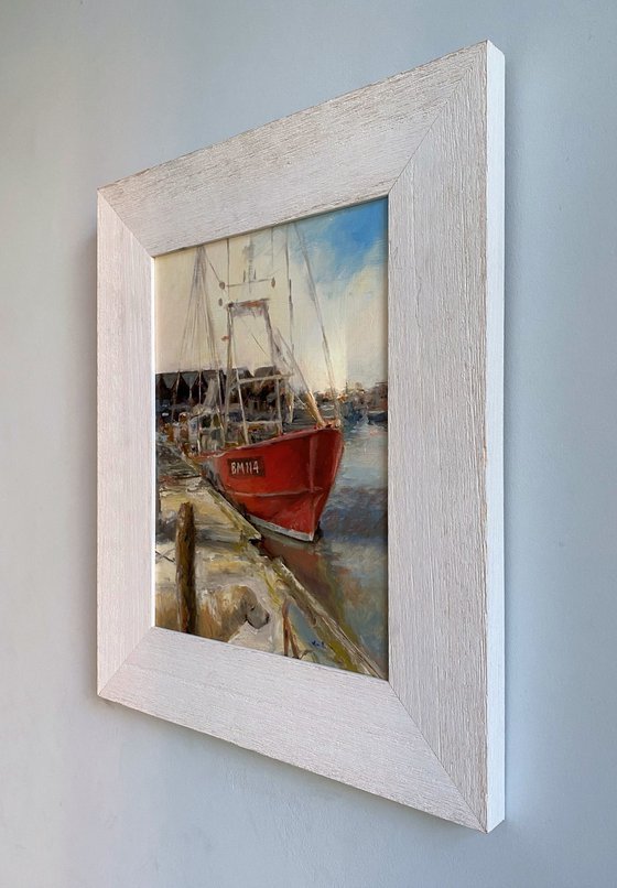 Red Boat; Whitstable Harbour-Impressionist oil painting.