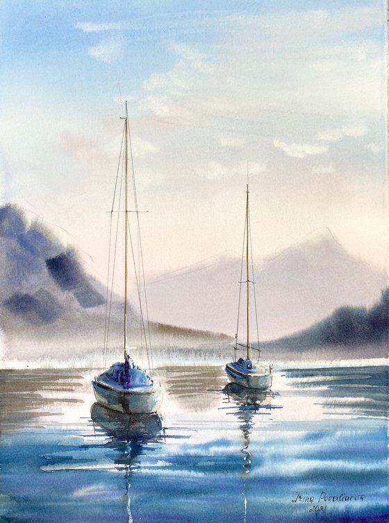 Sailing  boats at sunset watercolor  artwork, ocean painting, seaside  decor for bedroom , medium size, blue colors