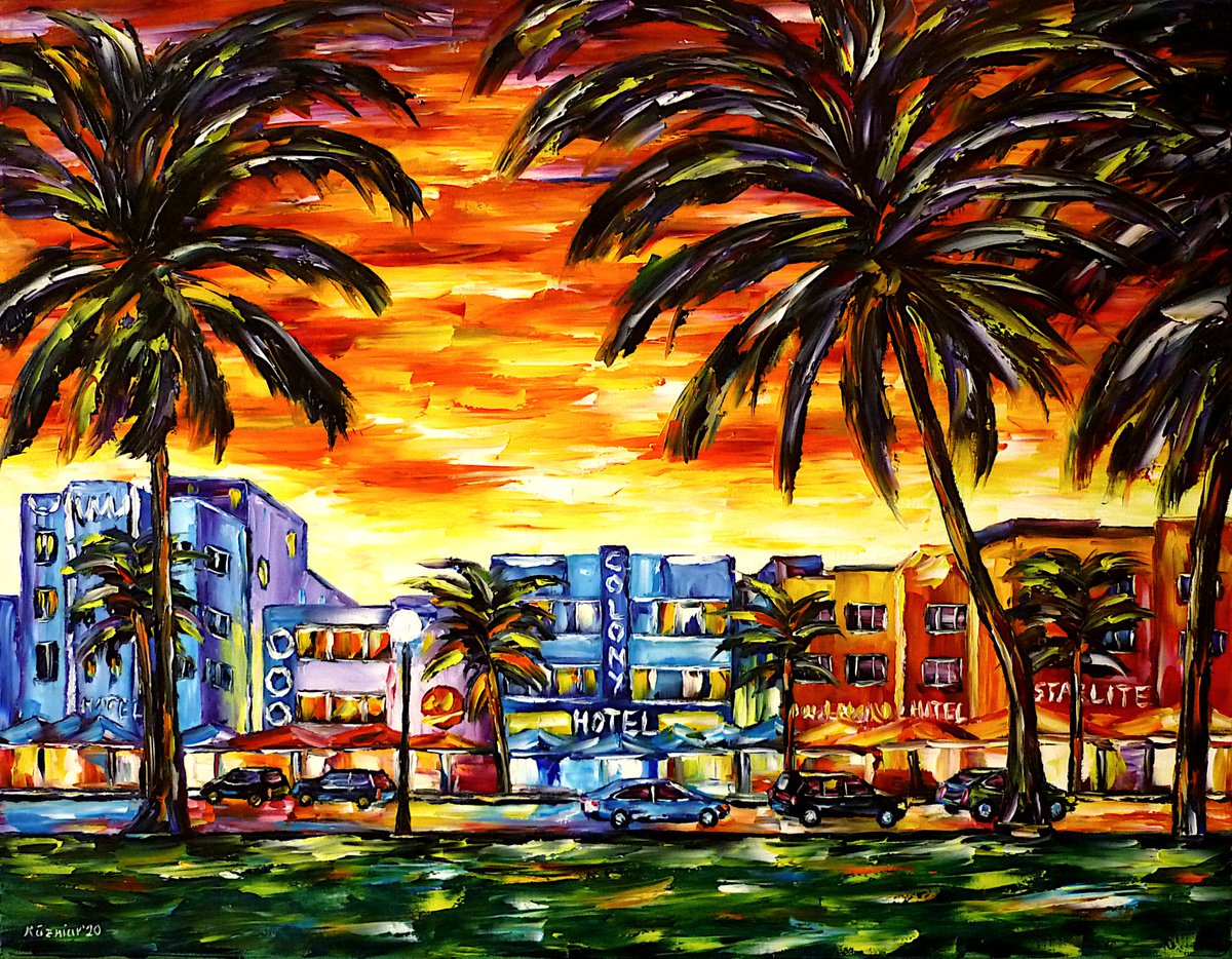 Expressive Cityscapes Oil Painting By Mirek Kuzniar, 35 X 28", Ocean Drive, Miami, Original Artwork