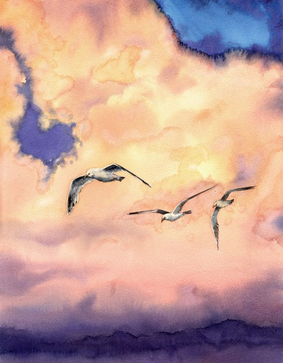 3 Seagulls In Flight -  Seagulls – Thunder Sky - seascape - sea and sky - seagulls over the sea