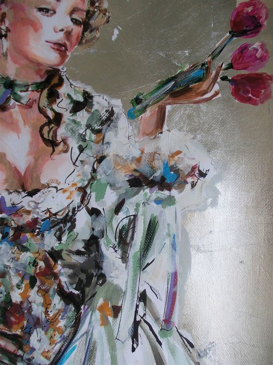 Marie with Tulips- Woman portrait acrylic mixed media painting on paper