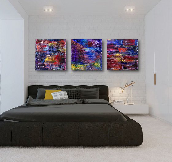 "Playtime Is Over" - FREE WORLDWIDE SHIPPING - Original Large PMS Abstract Triptych Oil Paintings On Canvas - 60" x 20"