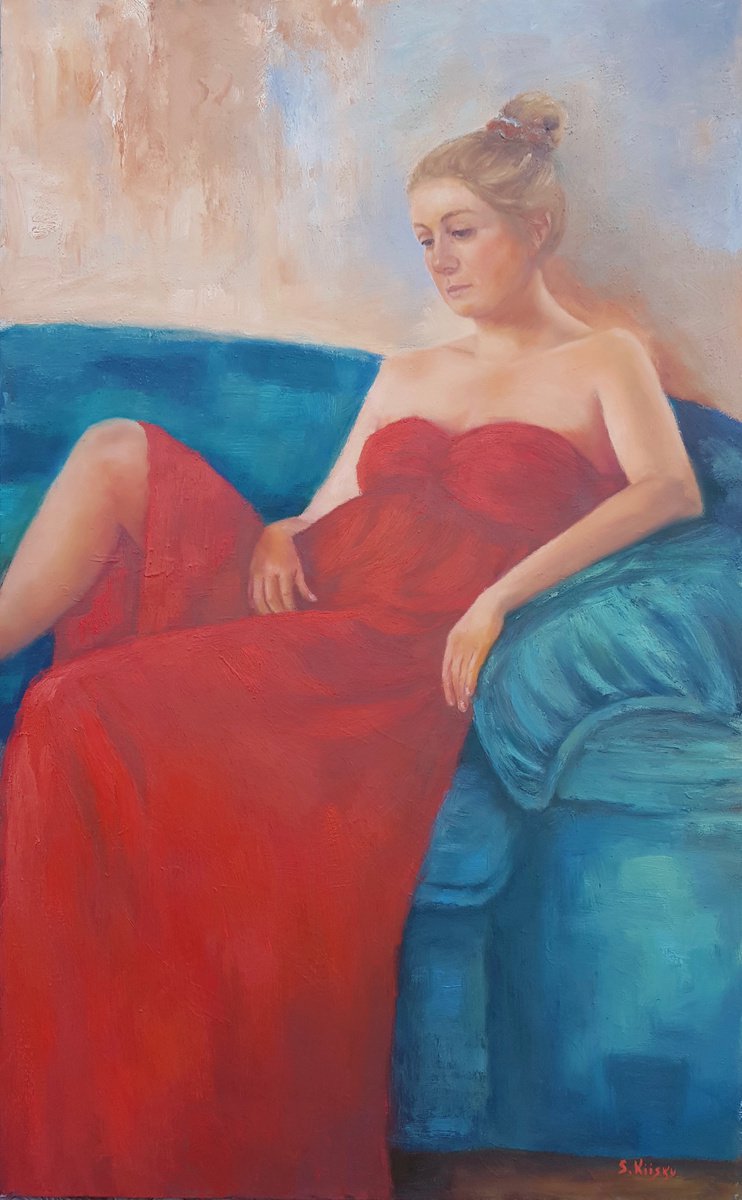 Impressionistic Portrait Oil Painting By Svetlana Grishkovec-Kiisky, 26 X 41", Woman In Red, Original Artwork