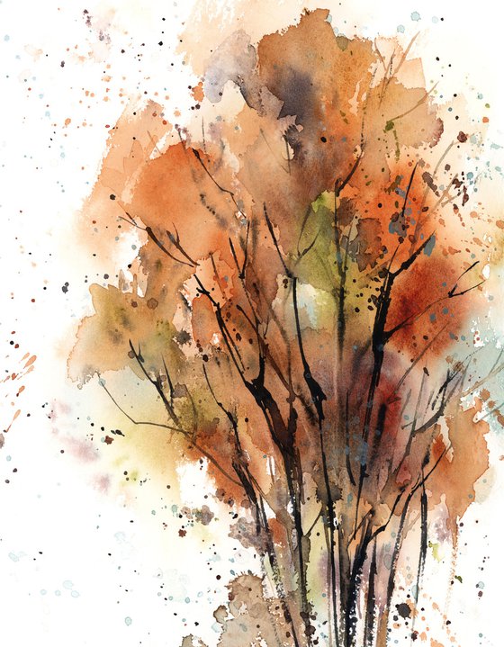 Abstract Autumn Trees, Landscape Nature Watercolor Painting, Trees Painting