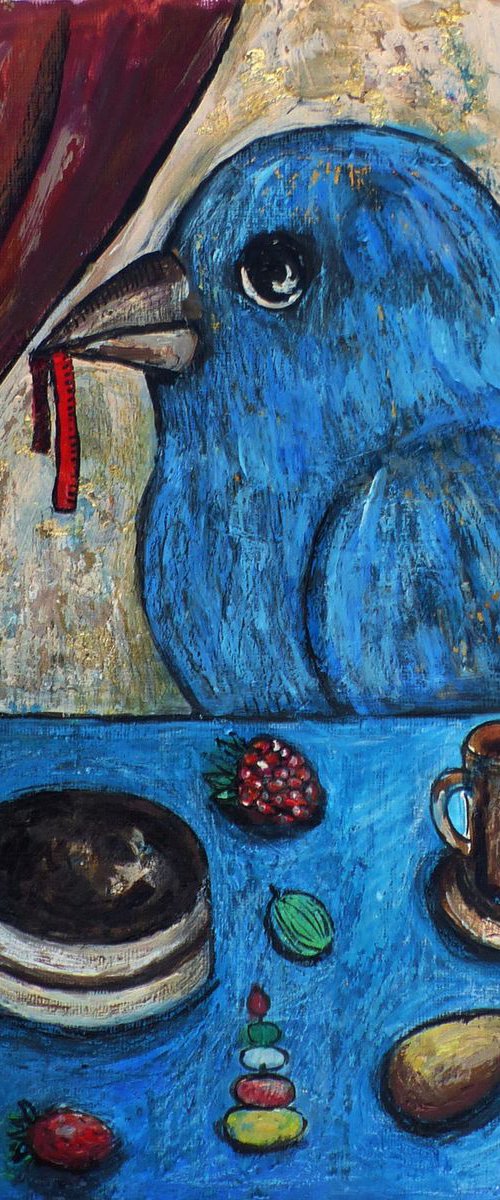 Blue bird with a red ribbon by Elizabeth Vlasova