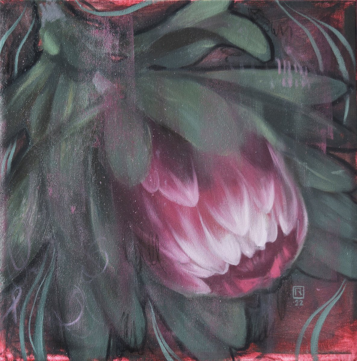 Impressionistic Botanical Oil Painting By Polina Kharlamova, 16 X 16", Protea, Original Artwork
