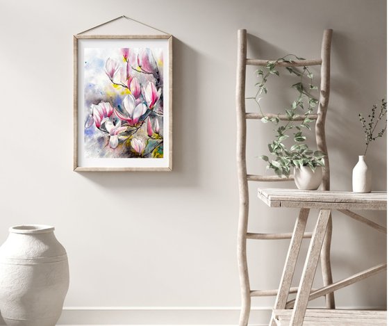 Magnolia Spring Flowers Watercolour Painting