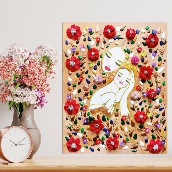 Mother Earth and baby. Summer floral woman with red flowers