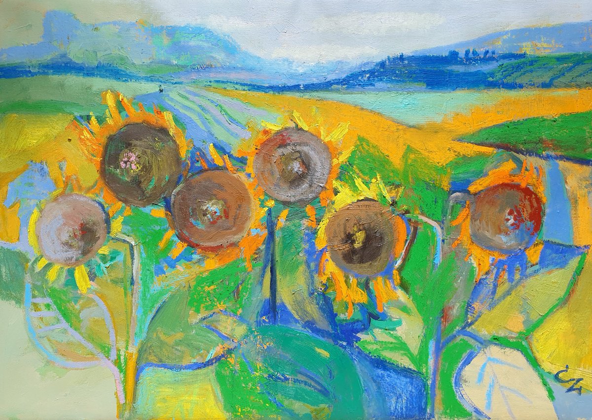 Impressionistic Landscape Oil Painting By Victoria Cozmolici, 31 X 24", Sun Flowers, Original Artwork