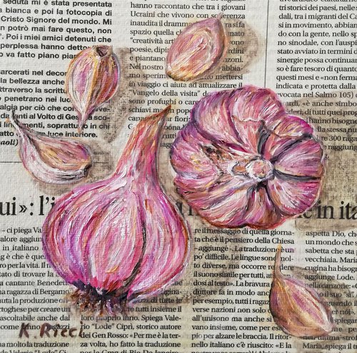 "Garlic Cloves on Newspaper" Original Oil on Canvas Board Painting 6 by 6 inches (15x15 cm) by Katia Ricci
