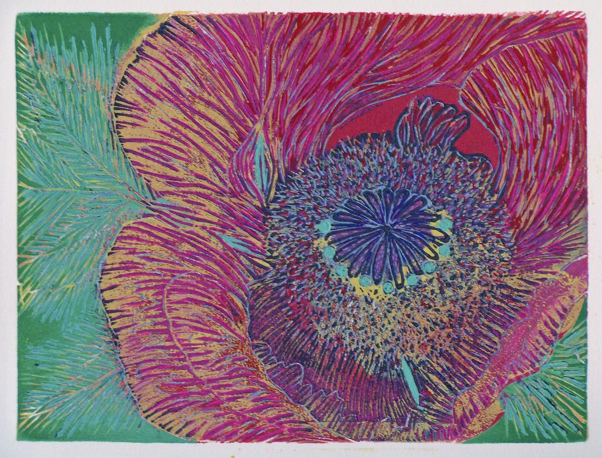 Abstract Botanical Linocut By Angela Maher, 10 X 8, Wildpoppy, Original Artwork