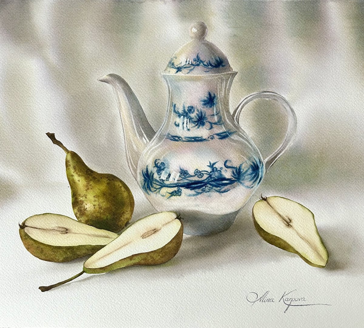 Photorealistic Still Life Watercolour By Alina Karpova, 13 X 12, Teapot And Pears, Original Artwork