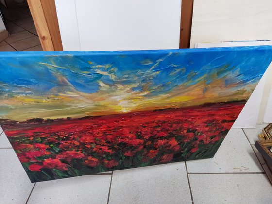 Red  Poppy Field. Original Impasto Acryl Painting With Palette Knife.