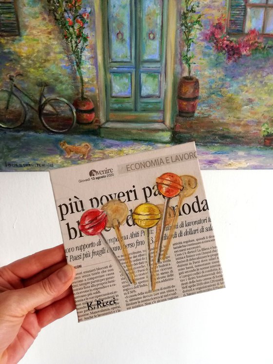 "Three Lollipops on Newspaper" Original Oil on Canvas Board Painting 6 by 6 inches (15x15 cm)