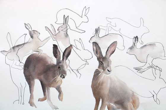 Hare painting mixed media - "Everybody Jump"