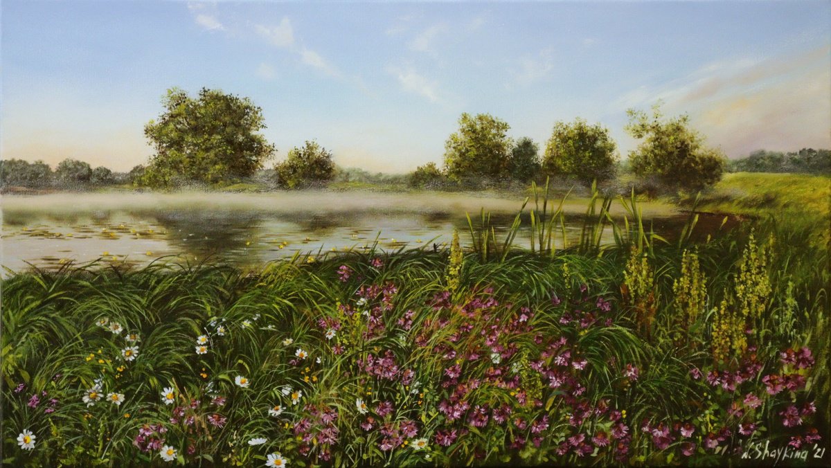 Impressionistic Landscape Oil Painting By Natalia Shaykina, 28 X 16", Mist Meadow, Original Artwork