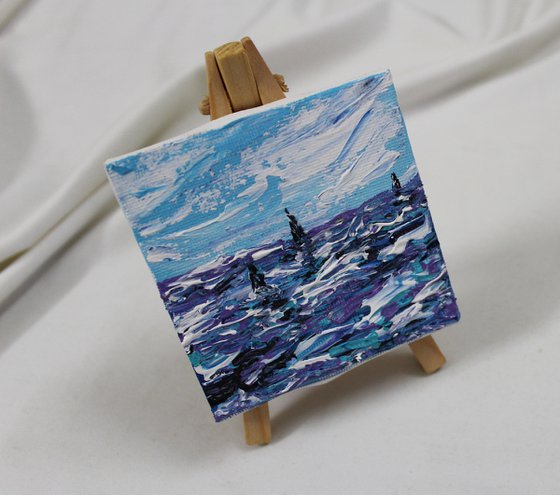 Sea and Sails - Acrylic painting on a mini canvas permanently attached to the mini easel - Table decor - textured art