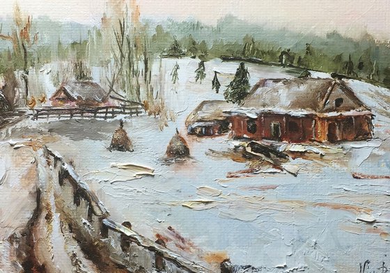 Landscape Framed Original Painting Winter Country Oil Painting Nina R.Aide Fine Art Nature Countryside Snow