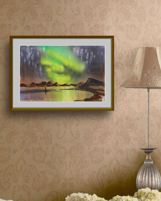 Northern Lights Watercolor Painting Aurora Borealis