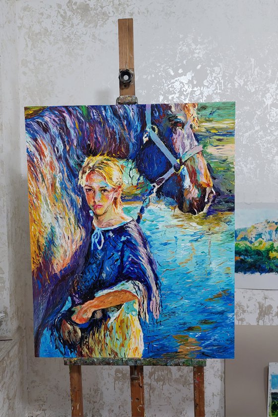 Girl with horse (80x100cm, oil painting, modern art )
