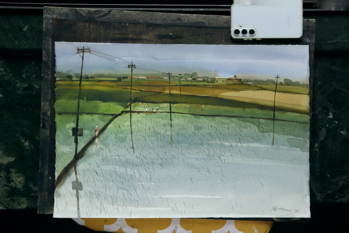 Impressionistic Landscape Watercolour By Prashant Prabhu, 22 X 15", Paddy Fields Minimal Composing, Original Artwork