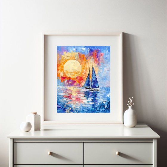 Sailboat Painting Bright Sunset Art Seascape
