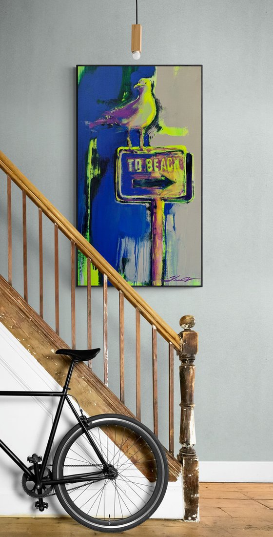 "To beach" - Vertical painting - Pop Art - Bird - Seagull - Miami - Purple&Yellow - Grey&Blue