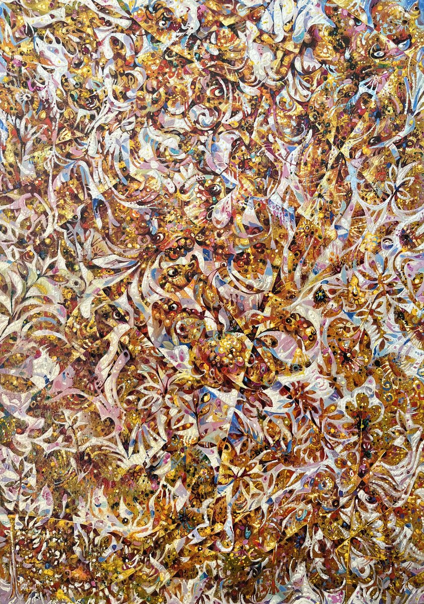 Expressive Abstract Oil Painting By Samvel Atasunc, 20 X 28", Golden Abstract, Original Artwork