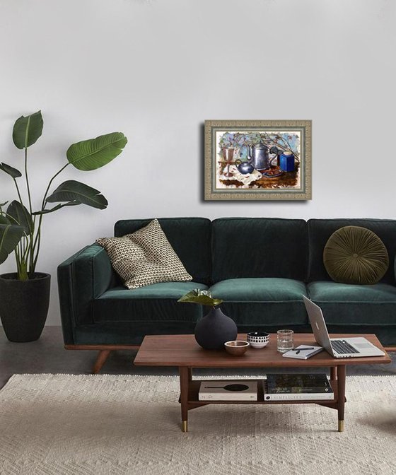 Blue Jar and Silver Service