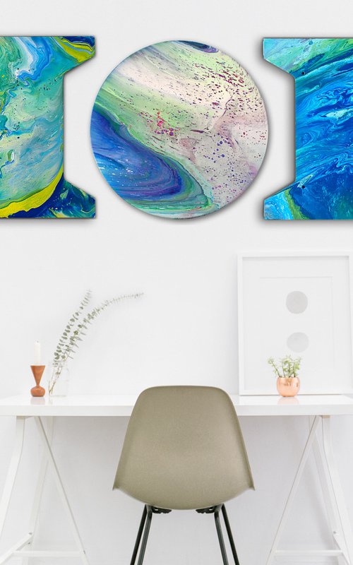 "Follow Me Into The Wormhole" - Original Triptych, Abstract PMS Acrylic Paintings Series on Irregularly Shaped Wooden Panels - 78" x 18" by Preston M. Smith (PMS)