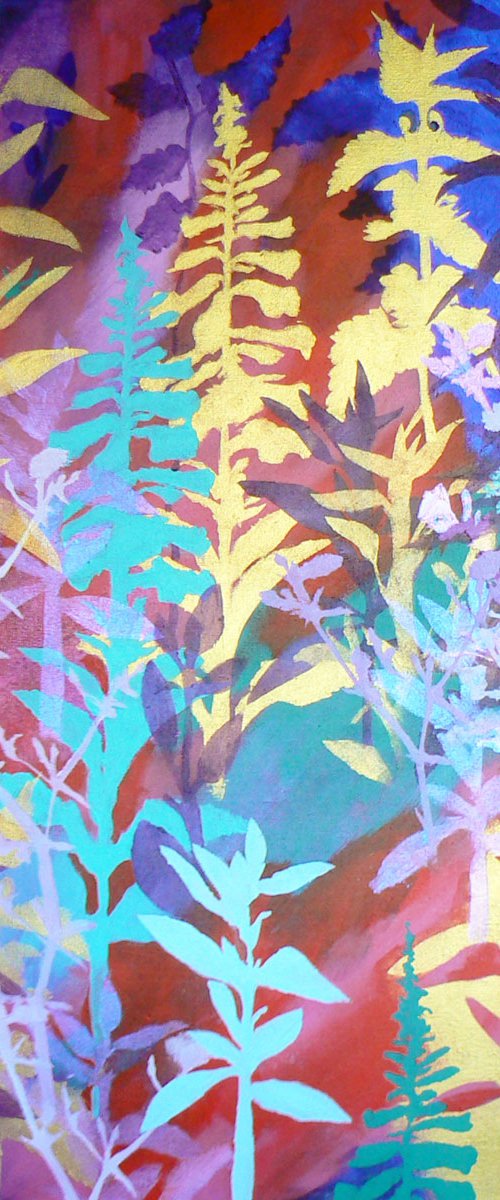 Chinoiserie  ( vibrant semi abstract flower painting with gold - ready to hang) by Carolynne Coulson