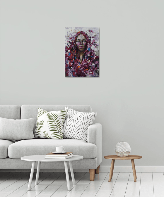 Woman in the red headscarf Original portrait painting on canvas  Palette knife