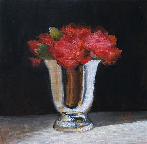 Original Oil Painting Still Life Red Flowers in Vintage Silver. by Jackie Smith