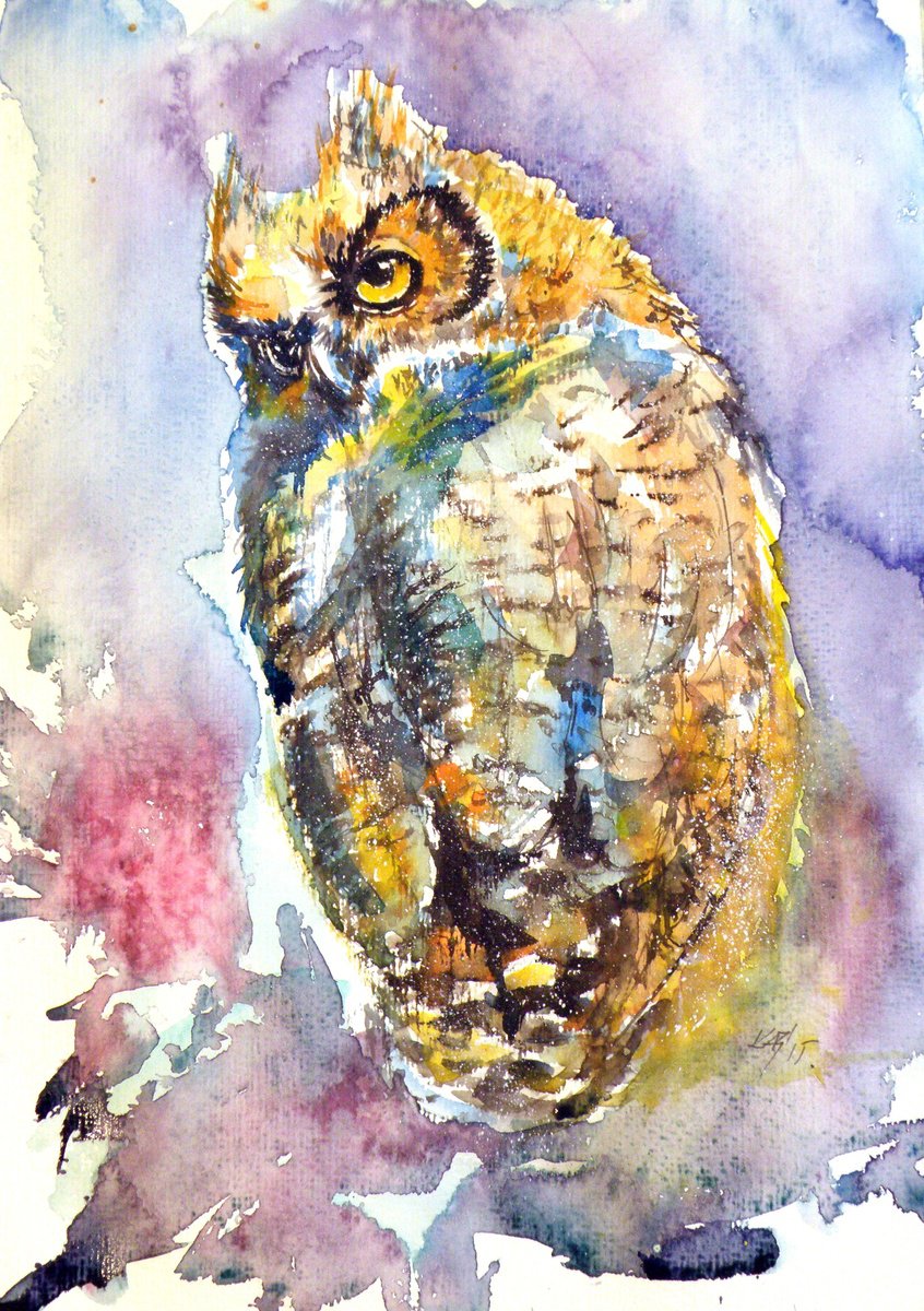Impressionistic Animal Watercolour By Kovacs Anna Brigitta, 10 X 14", Owl At Night Ii, Original Artwork