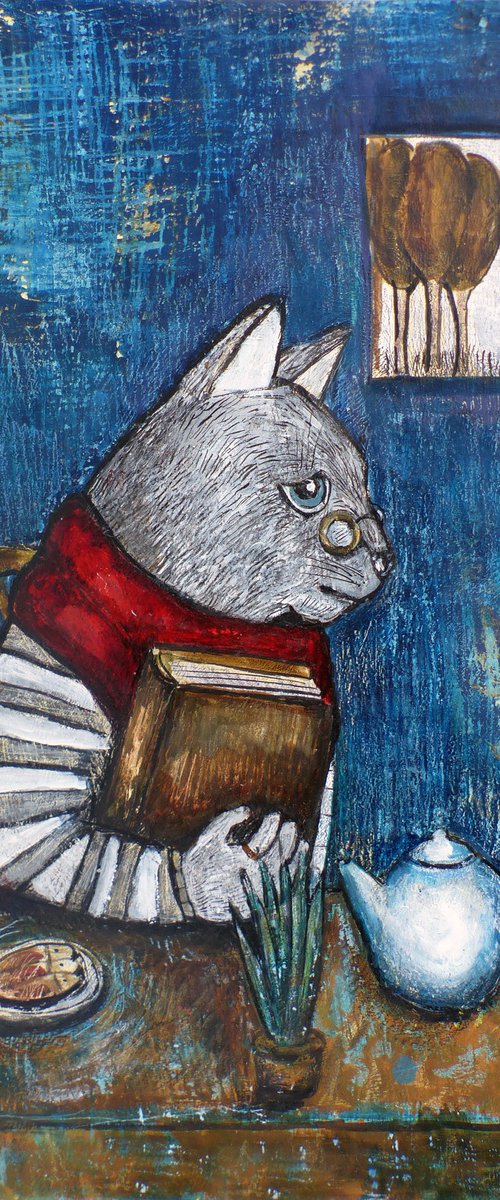Cat reading a book by Elizabeth Vlasova