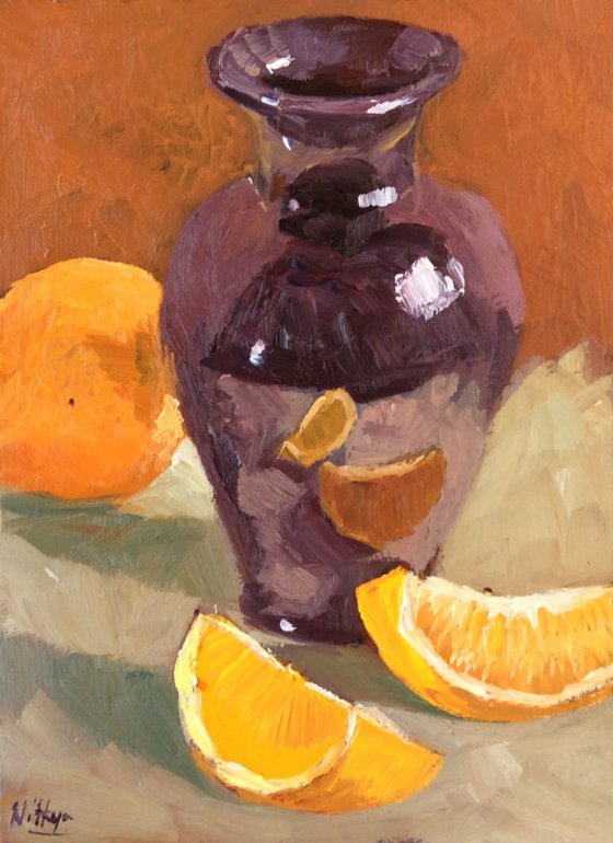 Orange slices and Vase - Original Small Still Life in Oils