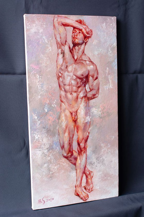 A Study of a Standing Nude Male Model #2 by Yaroslav Sobol - (Modern Impressionistic Figurative Oil painting of a Man Gift Home Decor)