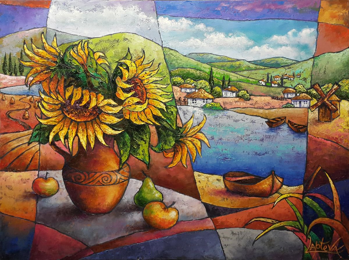 Impressionistic Landscape Oil Painting By Viktoria Lapteva, 31 X 24", Sunflower, Original Artwork