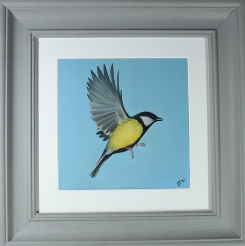 Yellow Tit Flying, Bird Artwork, Animal Art Framed by Alex Jabore