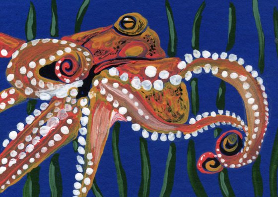 ACEO ATC Original Painting Octopus Marine Wildlife Art-Carla Smale