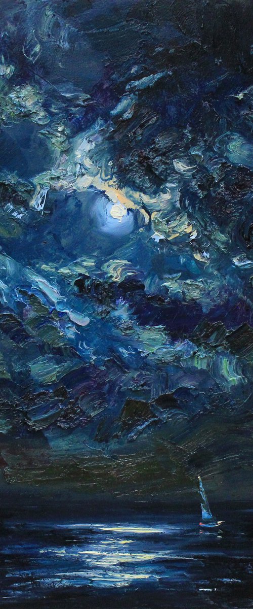 Night in the sea with moon and clouds by Alisa Onipchenko-Cherniakovska