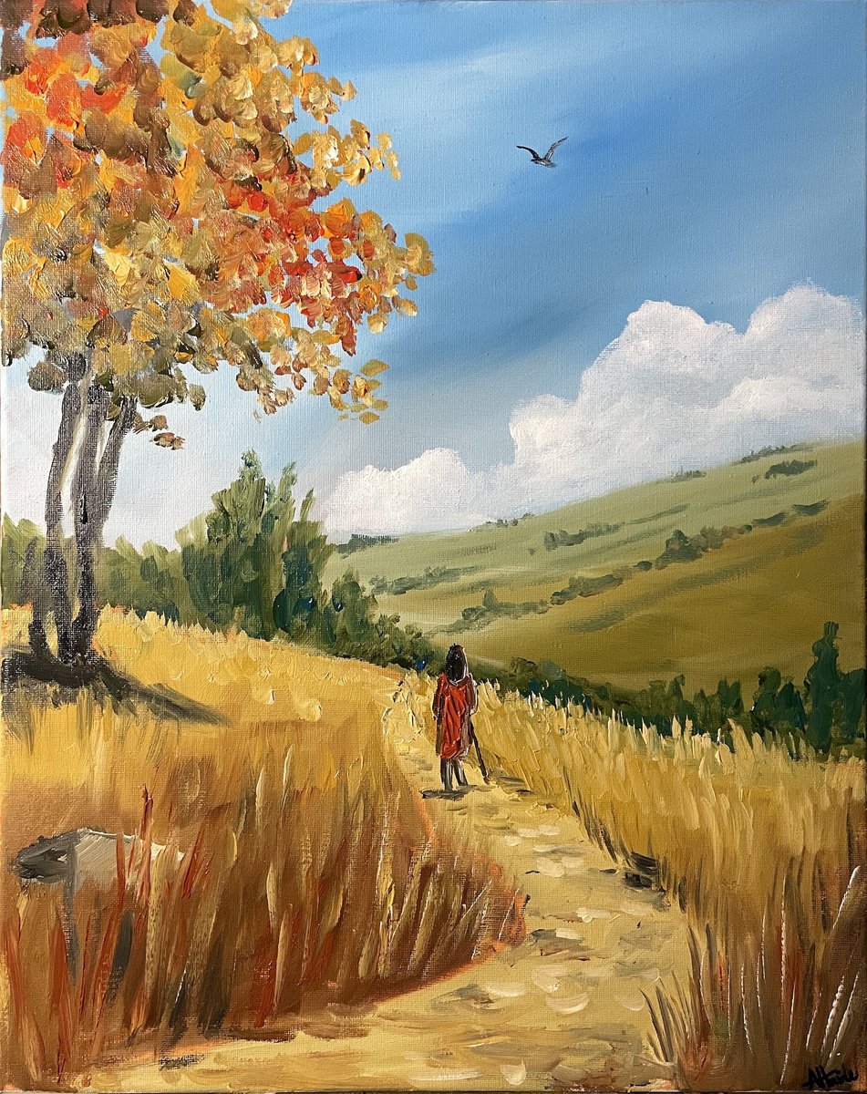 Impressionistic Landscape Acrylic Painting By Aisha Haider, 16 X 20, Walk Alone, Original Artwork