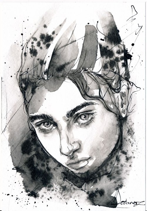 ''Untitled'' Ink Portrait Drawing by Doriana Popa